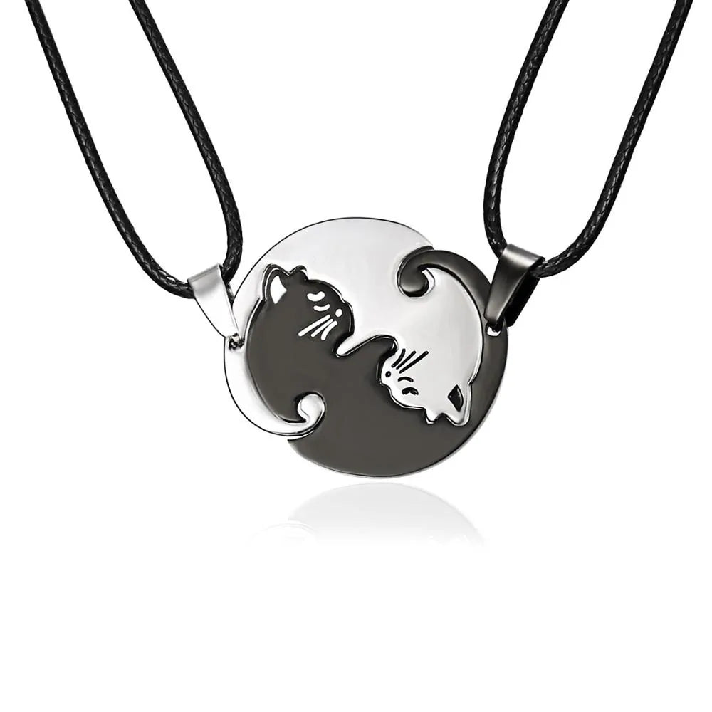 Vintage Couples Yin Yang Corollary Cat Pendant Necklace Galataw